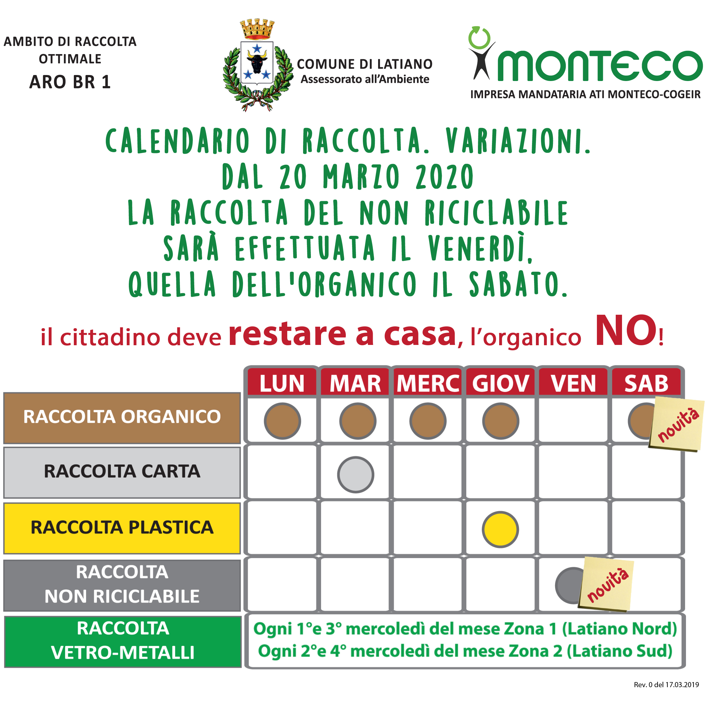 Latiano. Dal 20 marzo 2020 variazione al calendario di raccolta