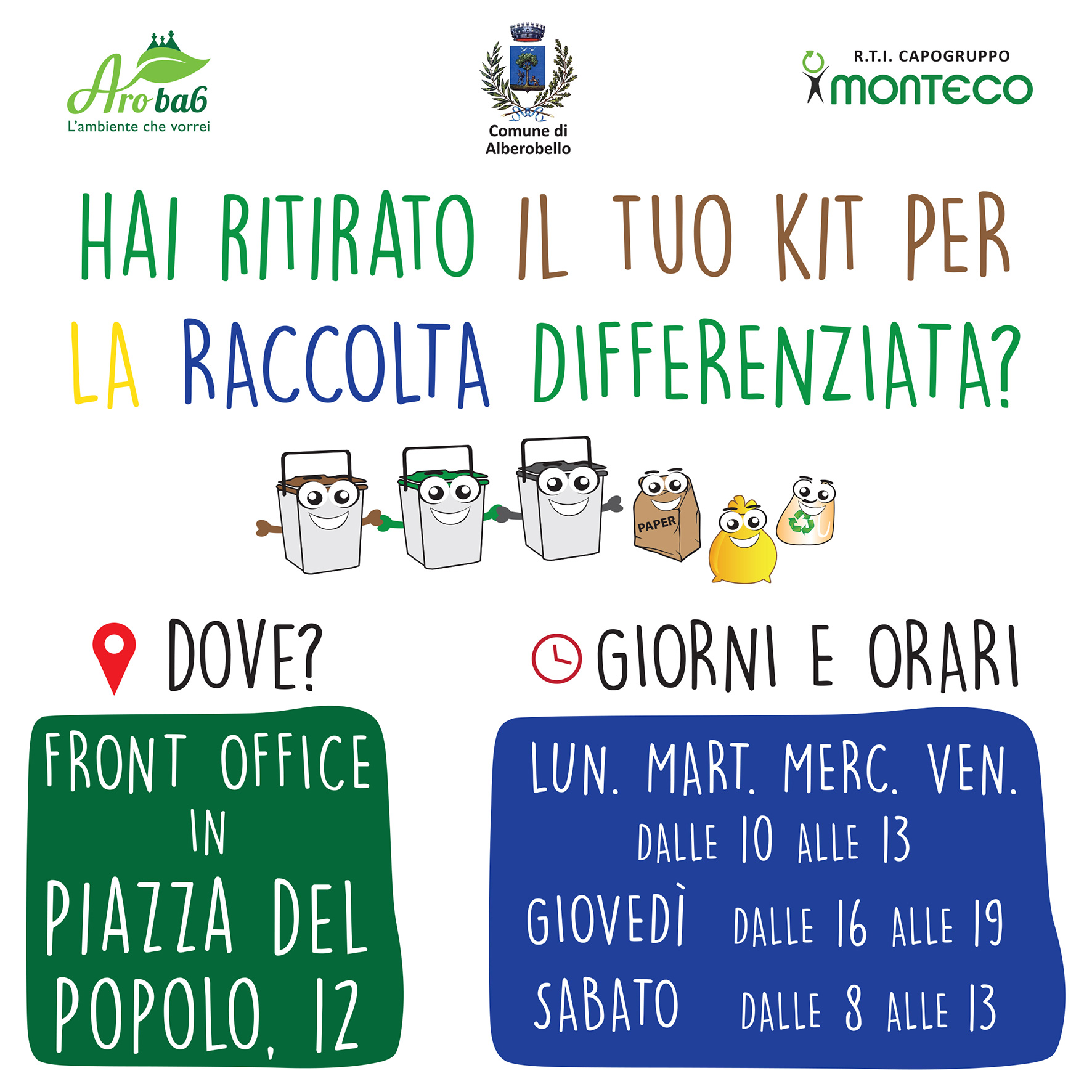 ALBEROBELLO: Al via con la distribuzione dei kit per la Raccolta Differenziata per le Utenze Domestiche