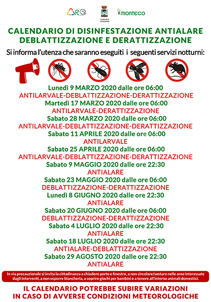 Guagnano. Calendario disinfestazioni antialare, antilarvale, derattizzazione e deblattizzazione