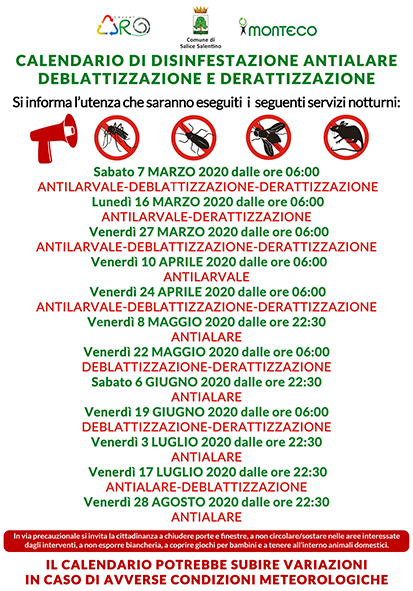 Salice Salentino. Calendario disinfestazioni antialare, antilarvale, derattizzazione e deblattizzazione
