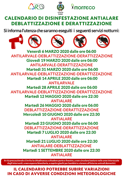 Surbo. Calendario disinfestazioni antialare, antilarvale, derattizzazione e deblattizzazione