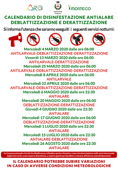 Trepuzzi. Calendario disinfestazioni antialare, antilarvale, derattizzazione e deblattizzazione